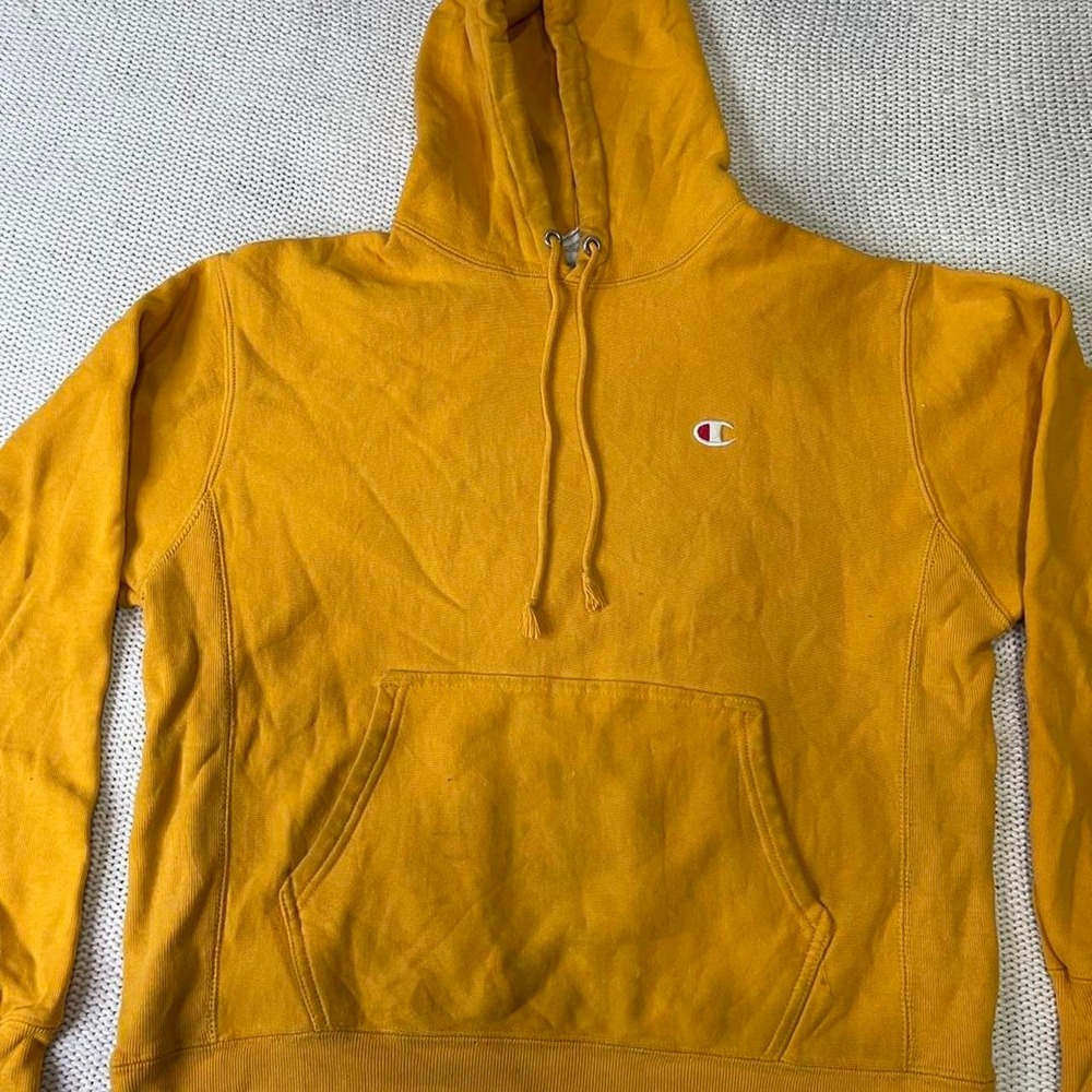 Champion Reverse Weave Hoodie Mens Medium Mustard Yellow Athletic Sweatshirt